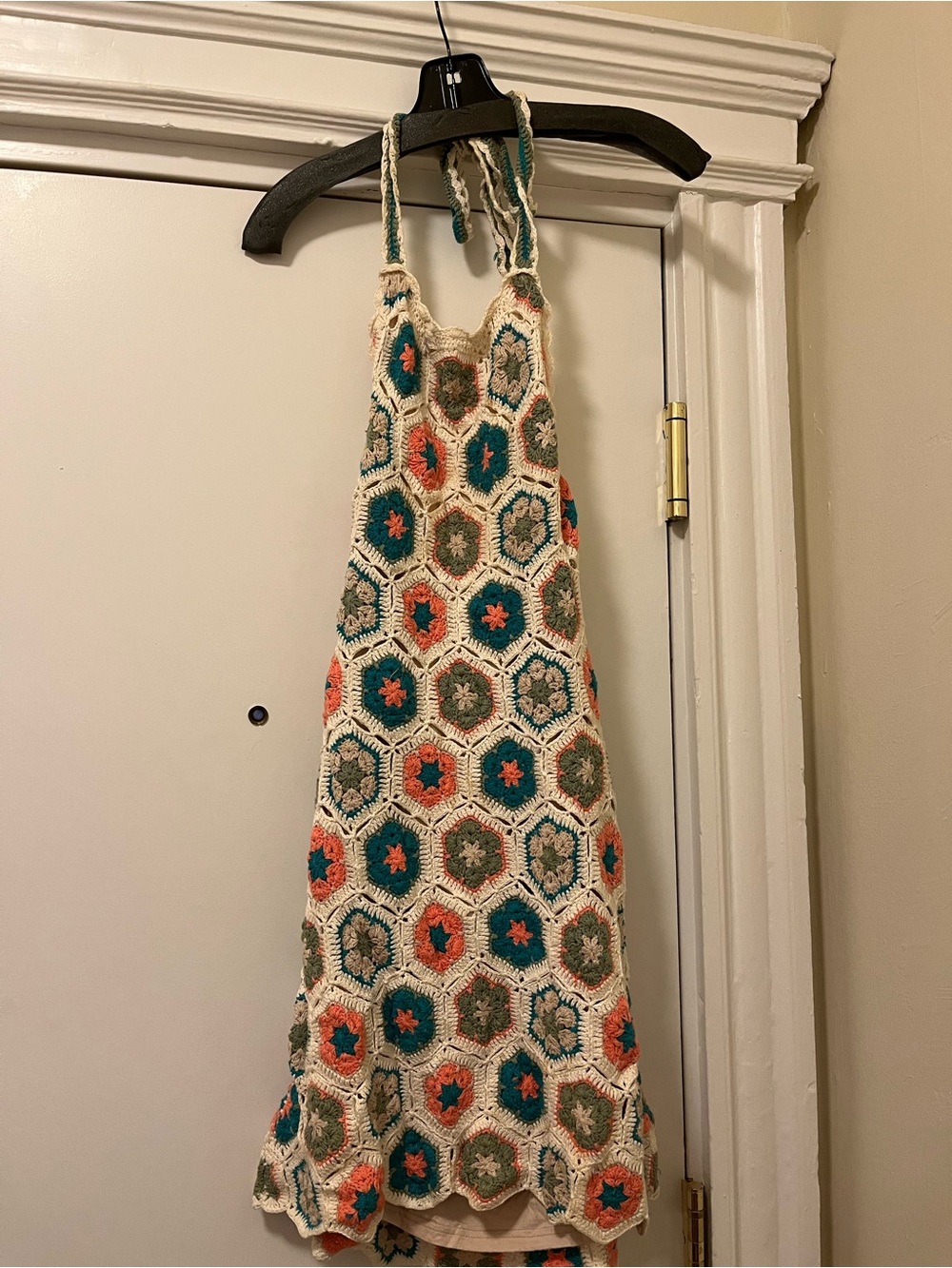 Show Me Your MuMu Crochet Halter Dress in Cream with Teal & Coral Accents